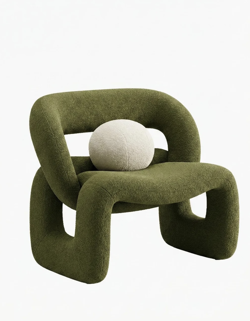 Arc Dining Chair upholstered in olive bouclé with a cream sphere cushion