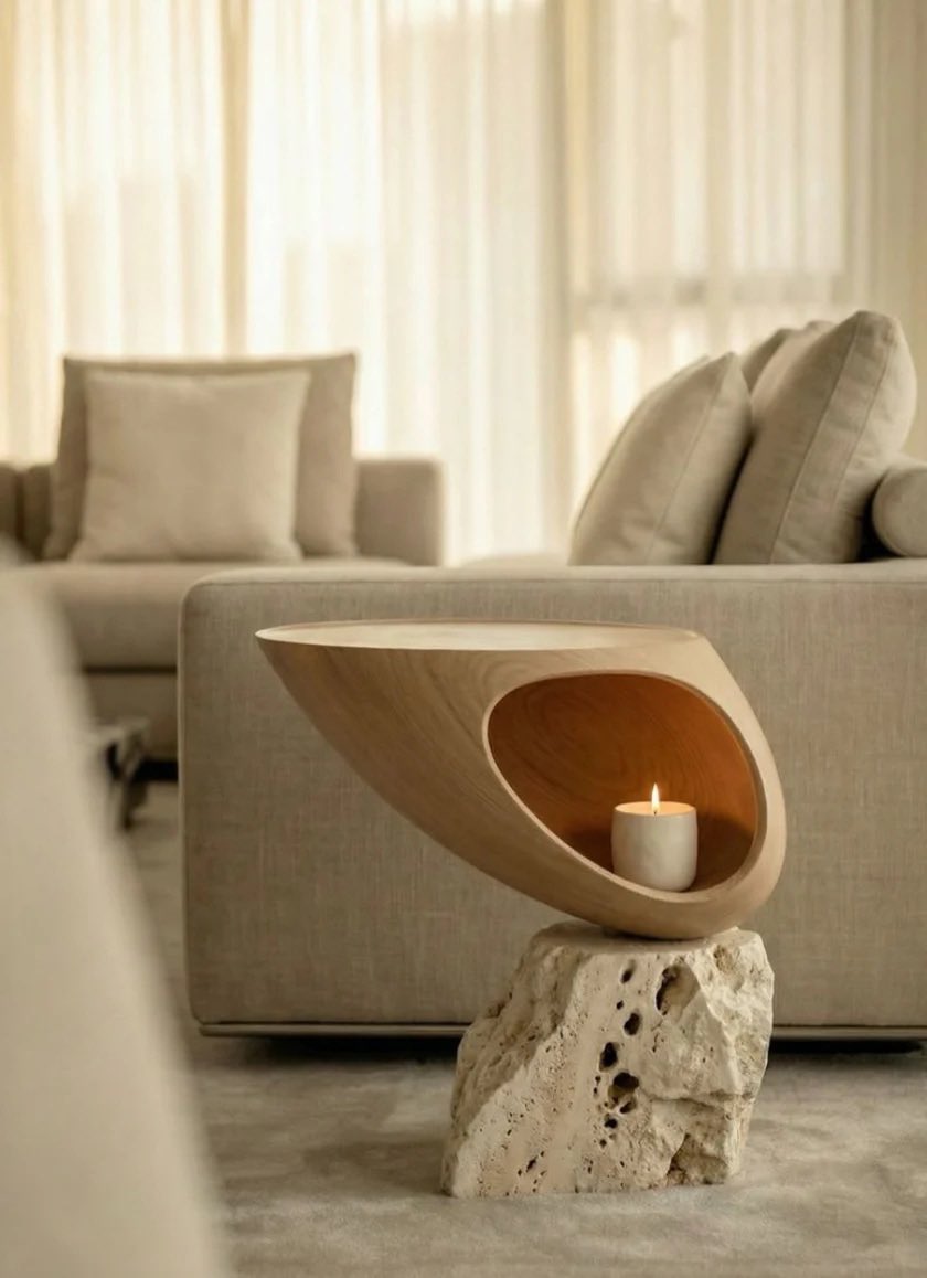 A carved wooden side table with a hollow holding a candle, set on a rough stone base beside a cream sofa