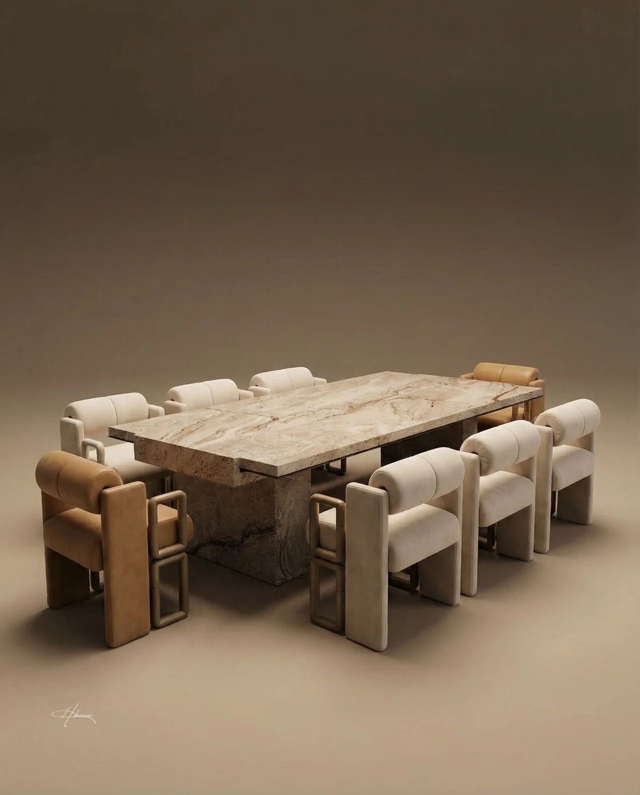 A long travertine dining table surrounded by upholstered dining chairs