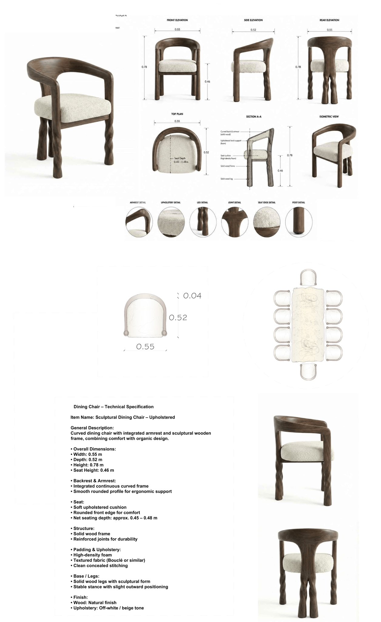 Technical drawing sheet for a sculptural dining chair with front, side and rear elevations, dimensions, a top plan, a section and detail views