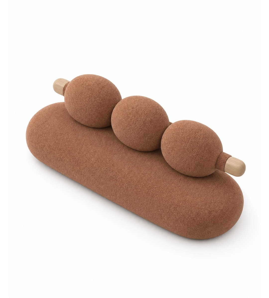 Drift Sofa in rust bouclé with three sphere back cushions on a wooden rod