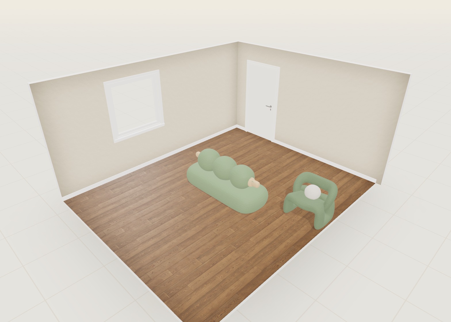 The Room Planner: a 3D room with a wooden floor, holding a green sofa and chair