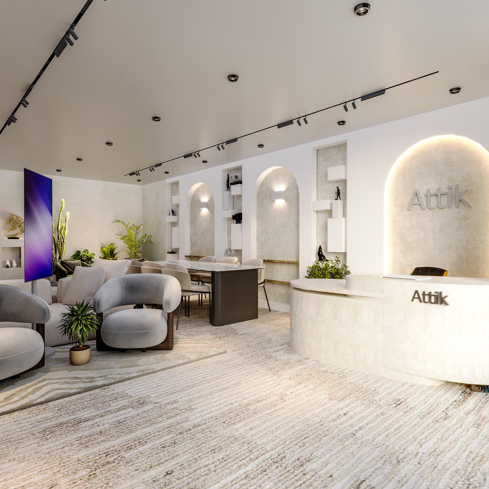 The Attik showroom design: a bright room with arched wall niches, a curved reception desk carrying the Attik name, and sculptural seating