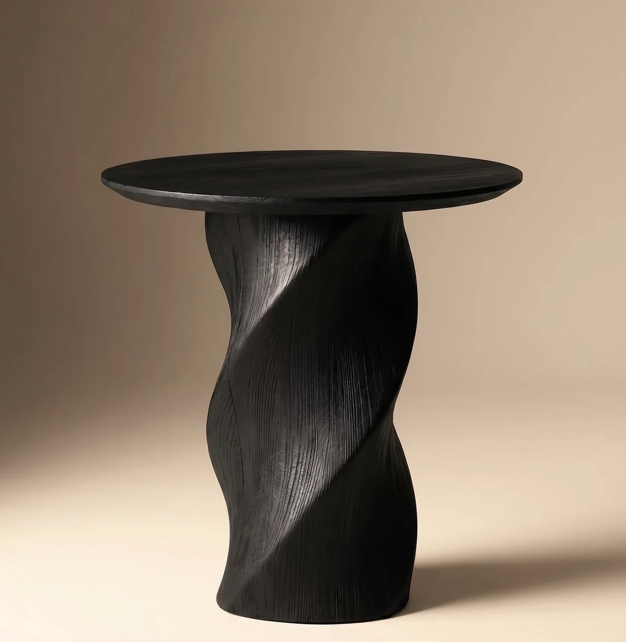 Twisted Side Table in blackened wood on a carved spiral column
